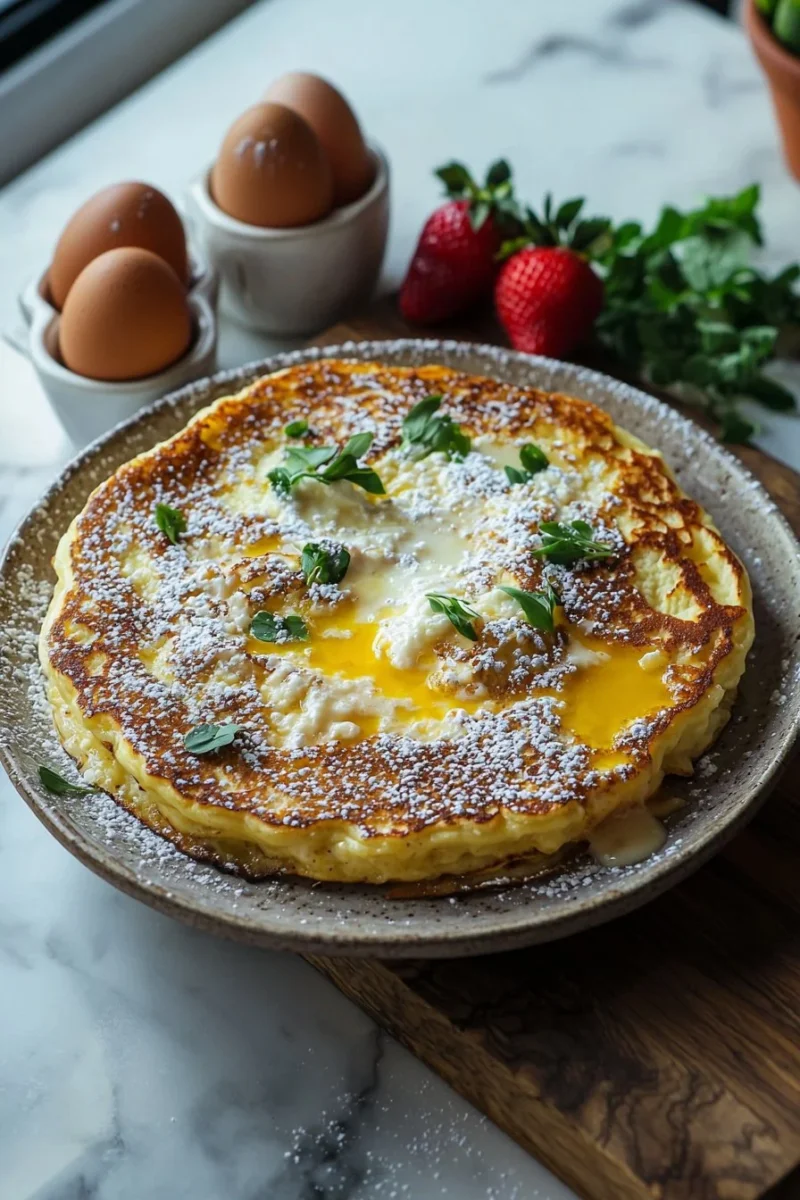Delicious baked German pancake topped with powdered sugar and fresh fruits