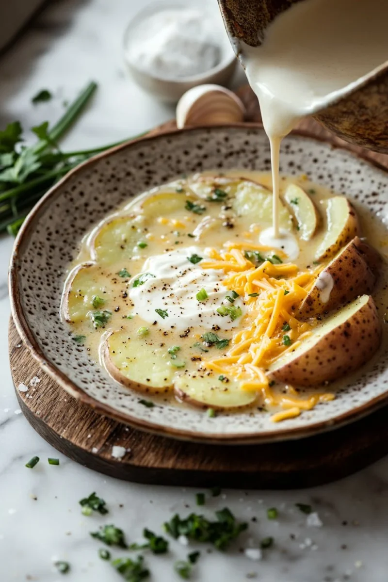 Bowl of delicious baked potato soup topped with cheese and chives.