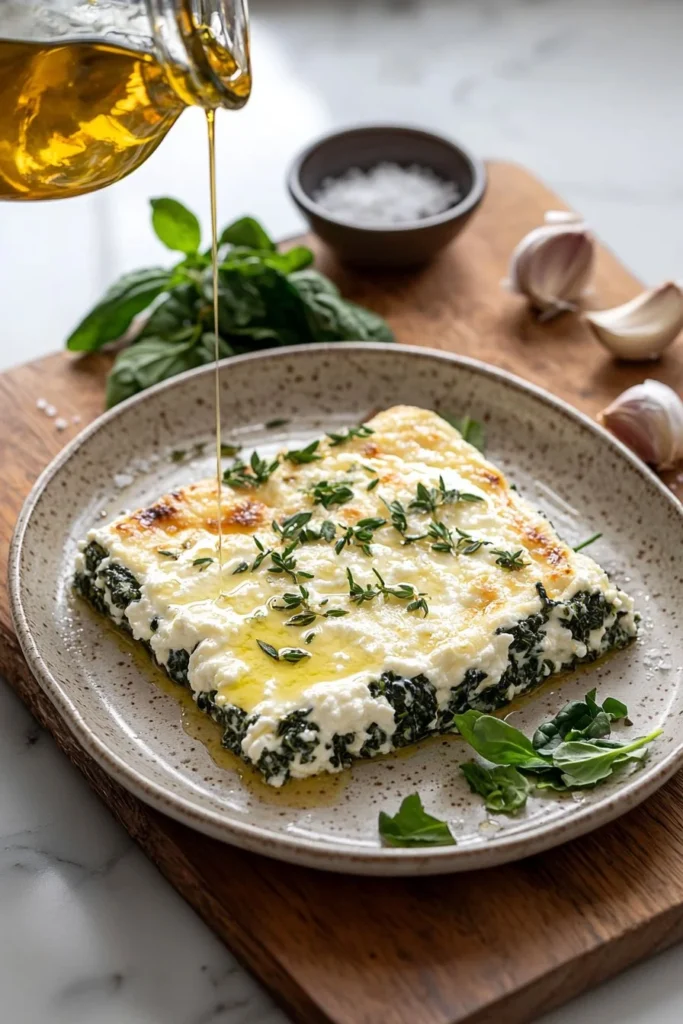 Baked Ricotta with Spinach and Herbs served in a rustic dish