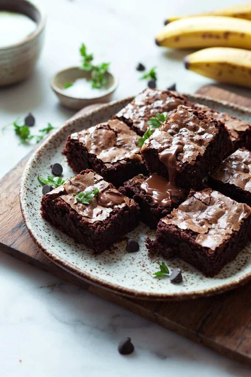 Delicious banana bread brownies made with ripe bananas and chocolate.