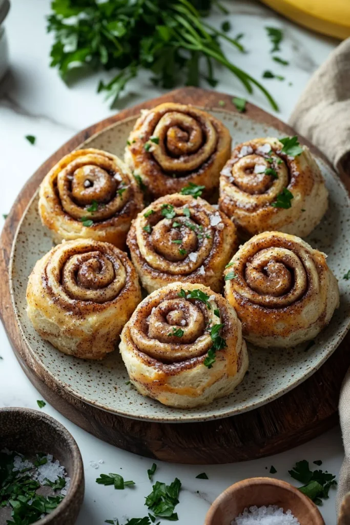 Freshly baked banana bread cinnamon rolls drizzled with icing.