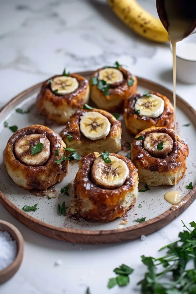 Freshly baked banana cinnamon rolls on a plate, drizzled with icing.