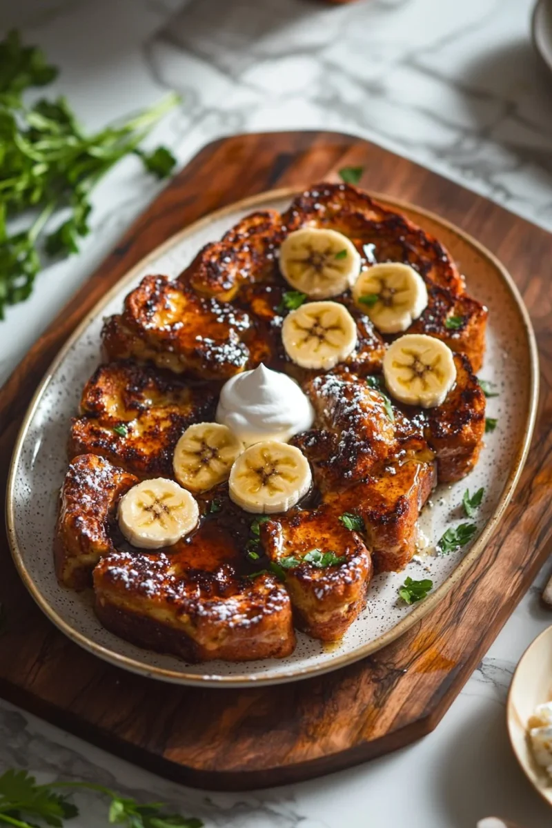 Delicious Bananas Foster French Toast Casserole topped with caramelized bananas