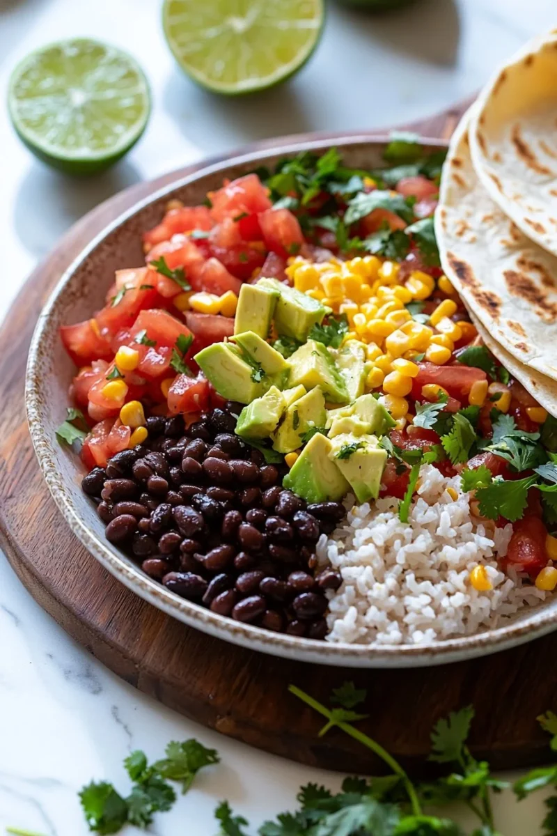 Colorful Bean & Rice Burrito Bowls with fresh ingredients