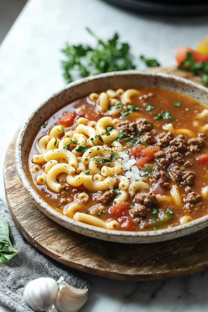 Bowl of Beef Macaroni Soup with herbs and spices