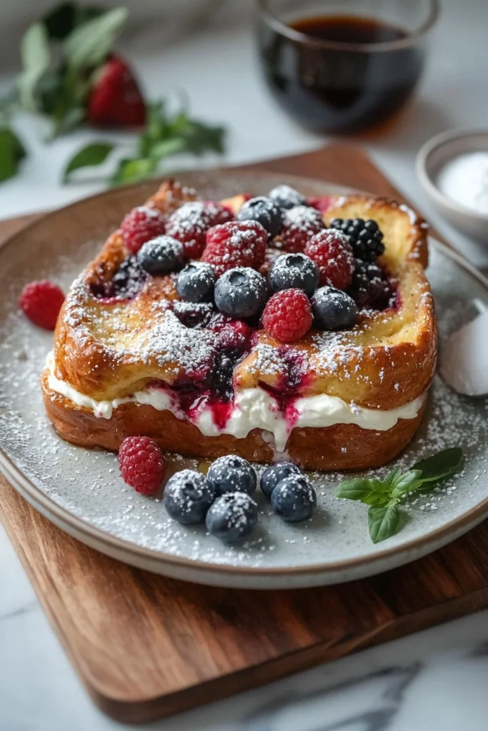 Delicious Berries & Cream Stuffed French Toast Casserole served in a baking dish