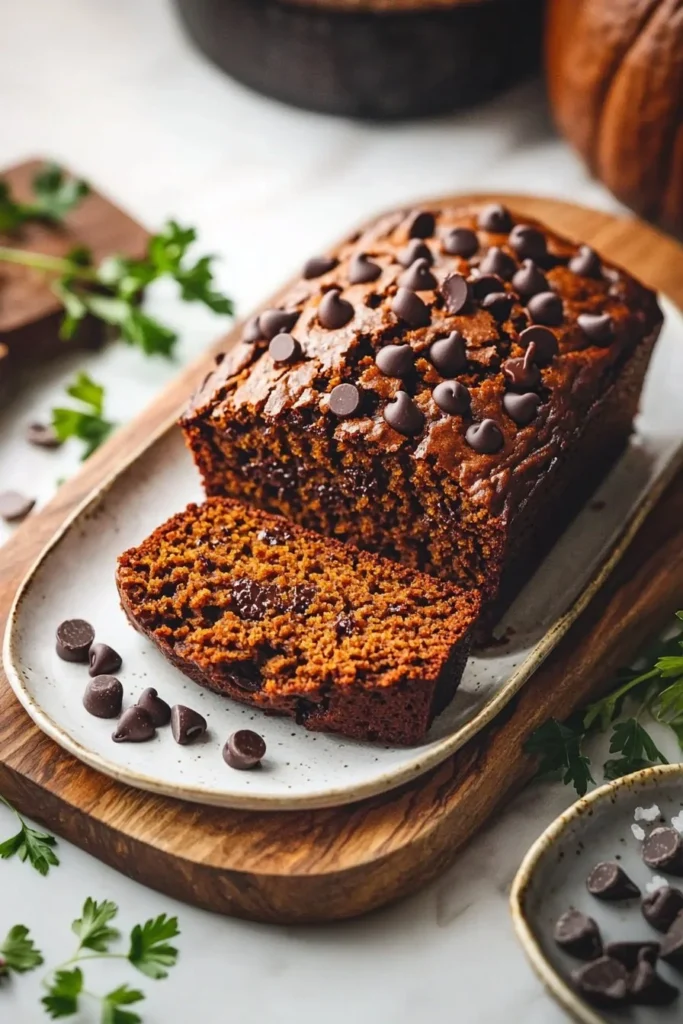 Delicious homemade chocolate chip pumpkin bread loaf on a rustic table.