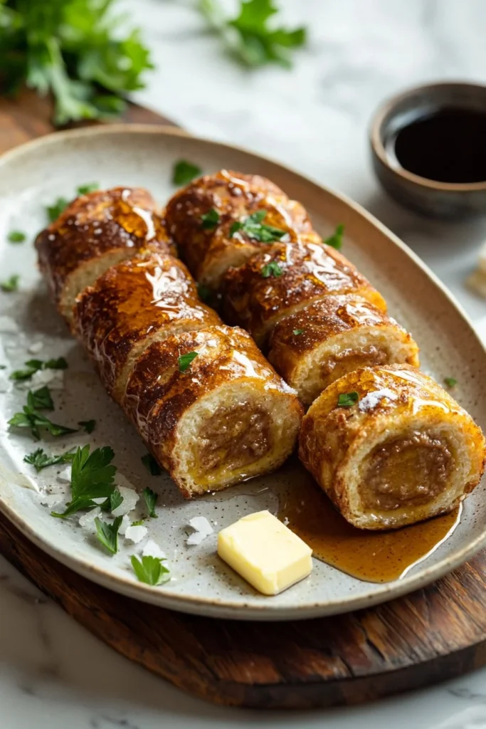 Delicious French Toast Roll Ups served with syrup and fresh fruit