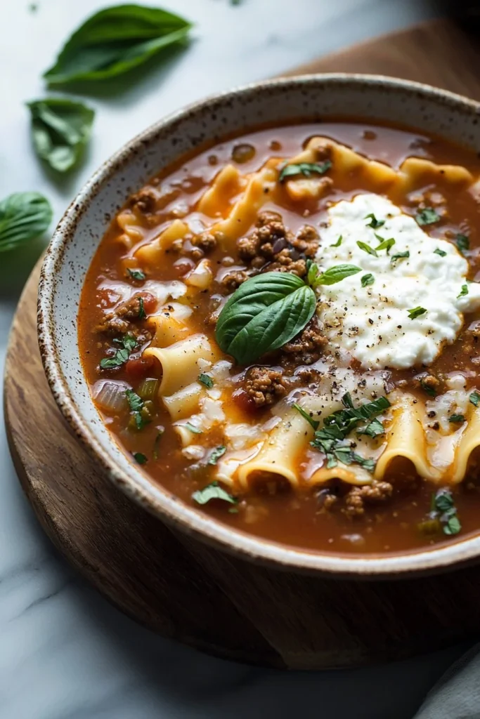 A delicious bowl of homemade lasagna soup topped with cheese and herbs