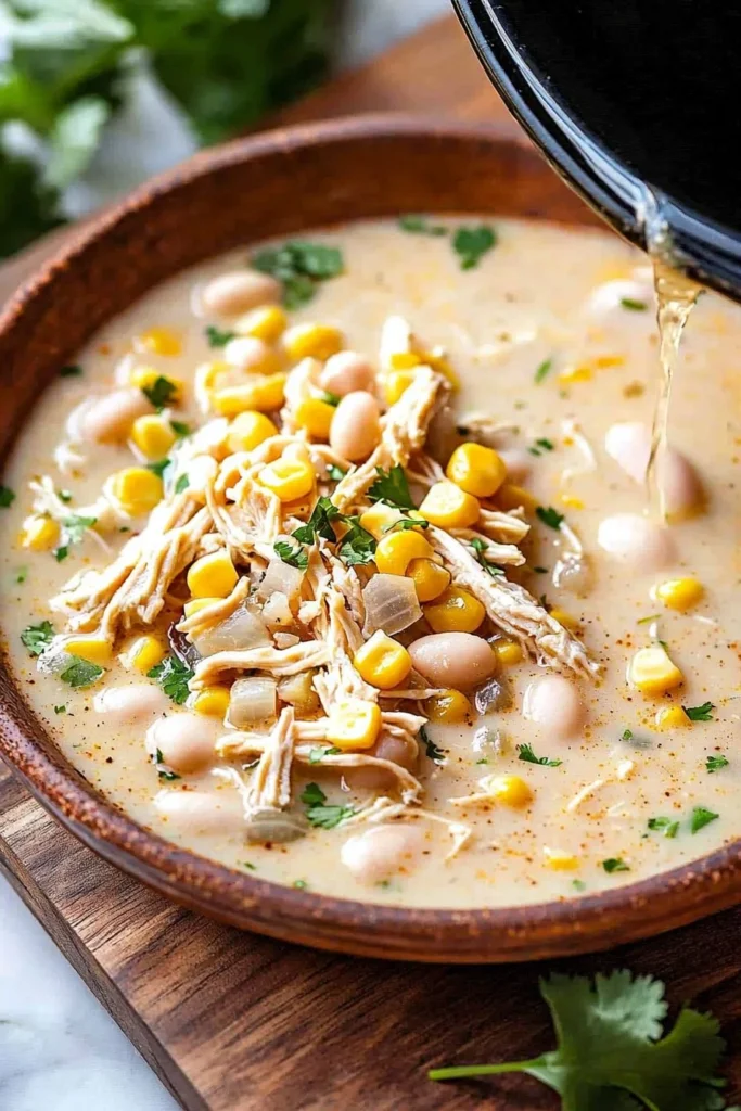 Bowl of creamy white chicken chili topped with cilantro and cheese