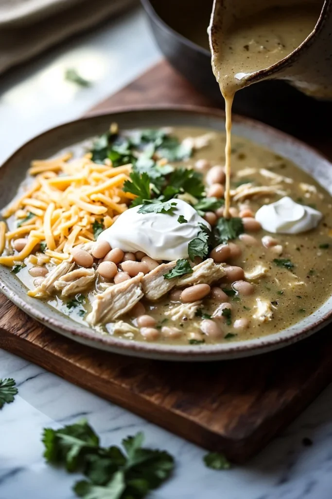 Bowl of creamy white chicken chili topped with cilantro and jalapeños