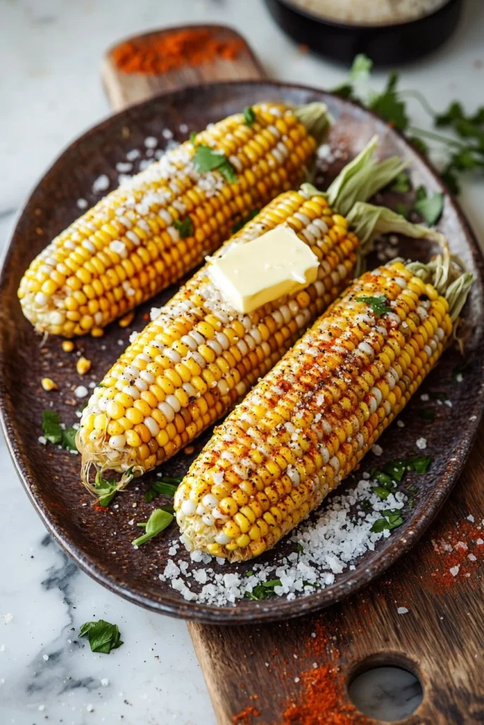 Grilled Blackstone corn on the cob served on a plate