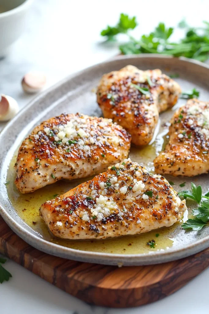 Blackstone Garlic Parmesan Chicken served on a grill plate with fresh herbs.