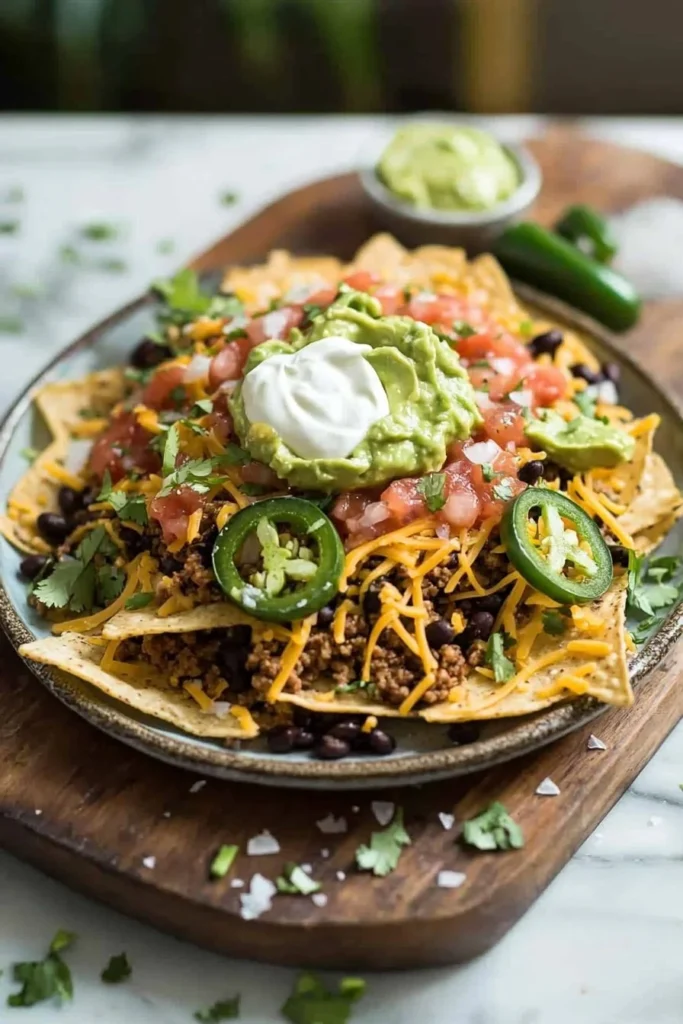 Dish of Blackstone Loaded Nachos topped with cheese, jalapeños, and guacamole
