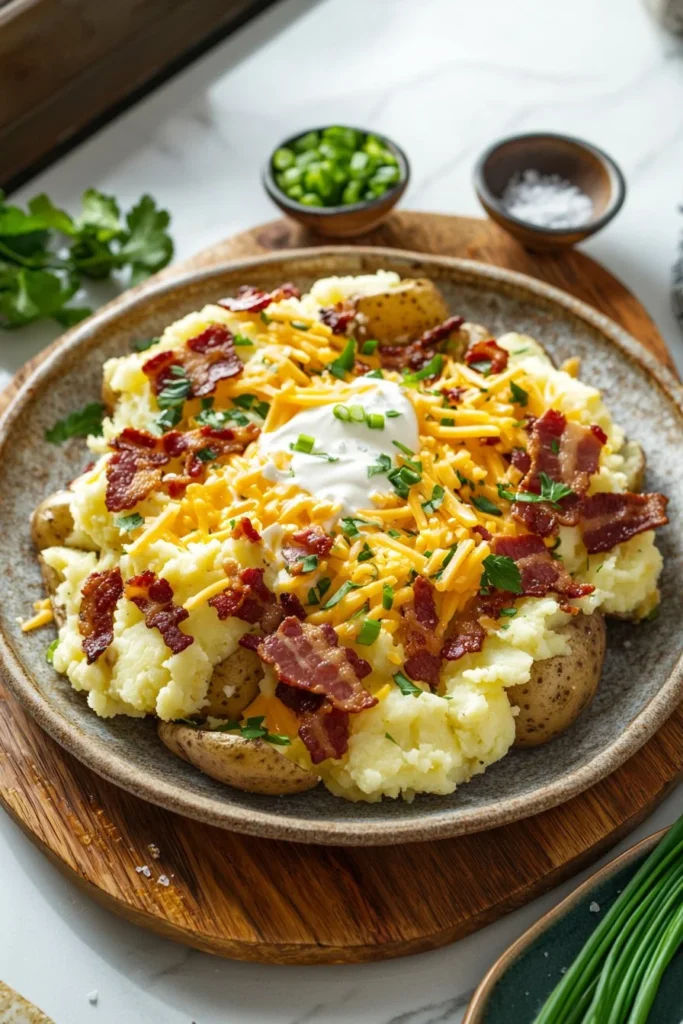 Delicious blackstone loaded smashed potatoes on a plate, ready to serve.