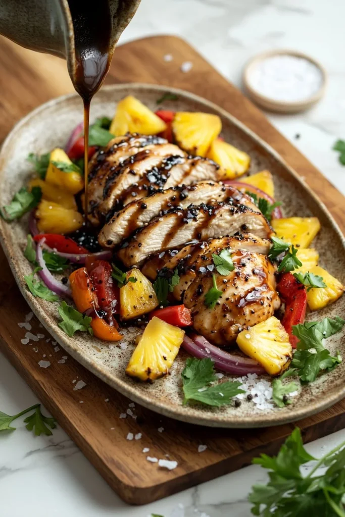 Grilled Blackstone Pineapple Chicken served with vegetables.
