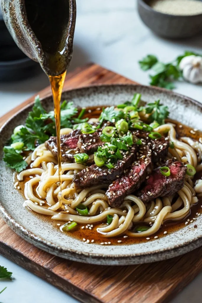 Delicious Blackstone steak udon with tender beef and flavorful noodles.