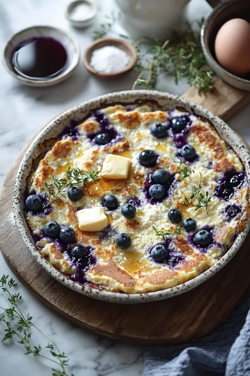 Delicious blueberry pancake casserole topped with fresh blueberries and syrup.
