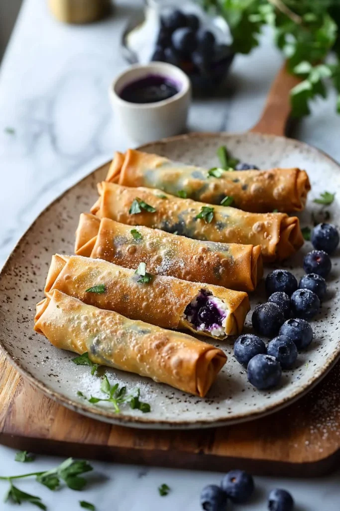 Delicious blueberry cream cheese egg rolls served on a plate.