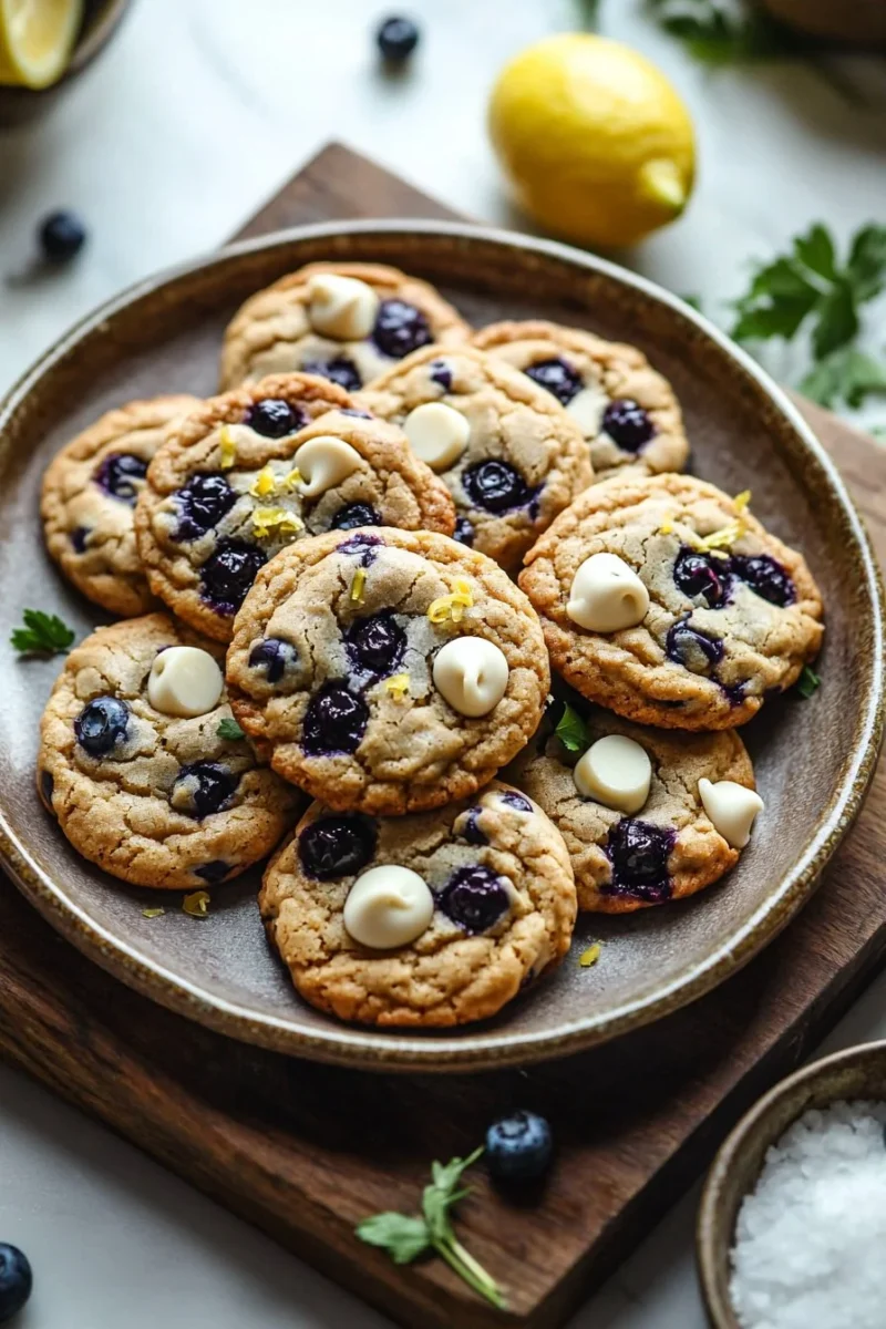 Blueberry lemon cookies with white chocolate chips on a cooling rack.