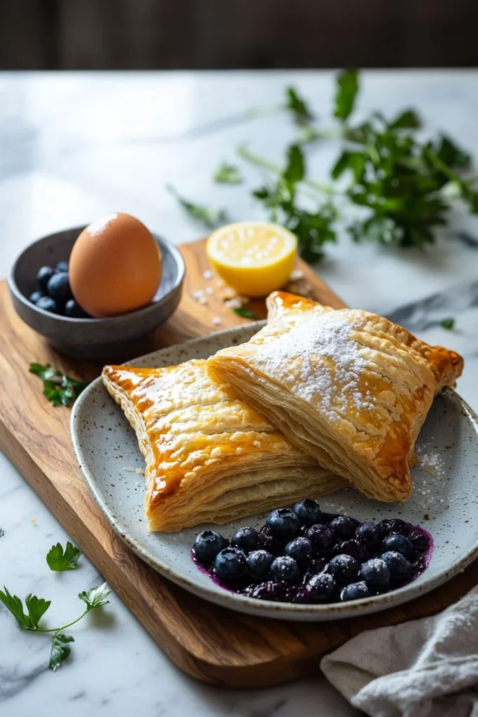 Freshly baked blueberry turnovers with flaky crust and blueberry filling