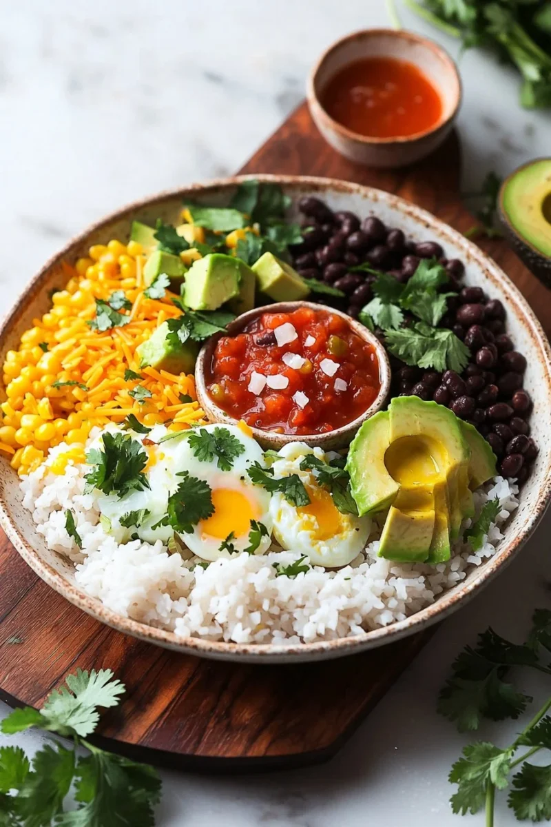 A delicious breakfast burrito bowl filled with eggs, veggies, and toppings.
