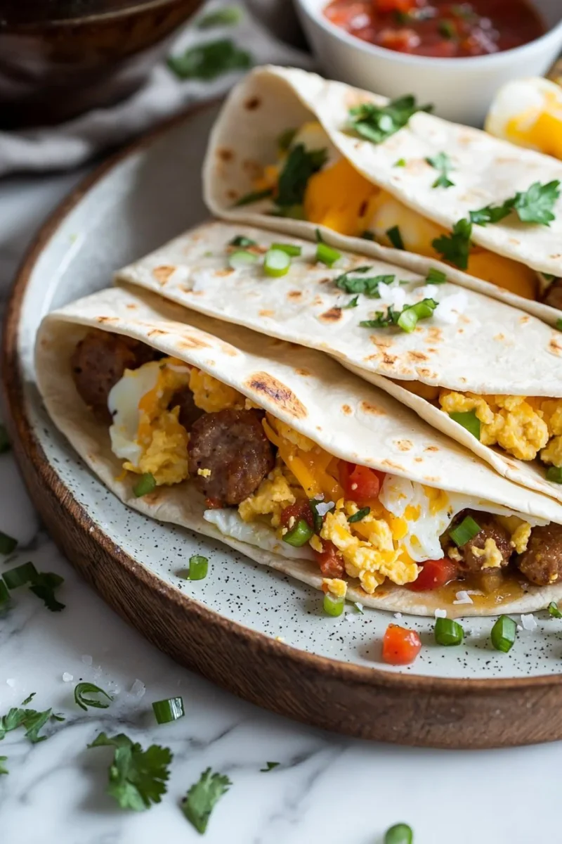 A delicious breakfast burrito filled with eggs, cheese, and fresh vegetables.