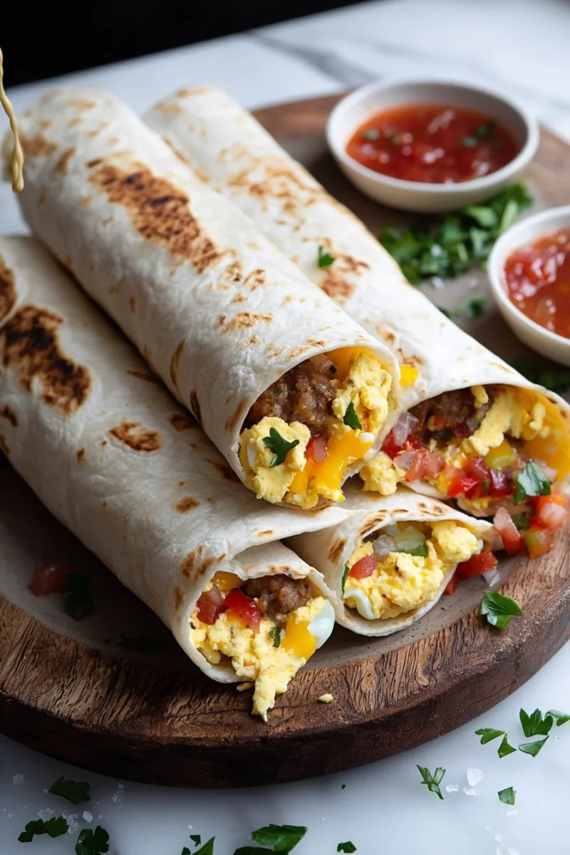 Delicious homemade breakfast burritos filled with eggs and toppings