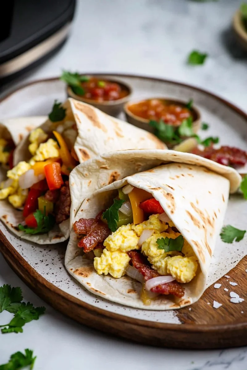 Air Fryer Breakfast Burritos fresh out of the appliance, ready to serve.