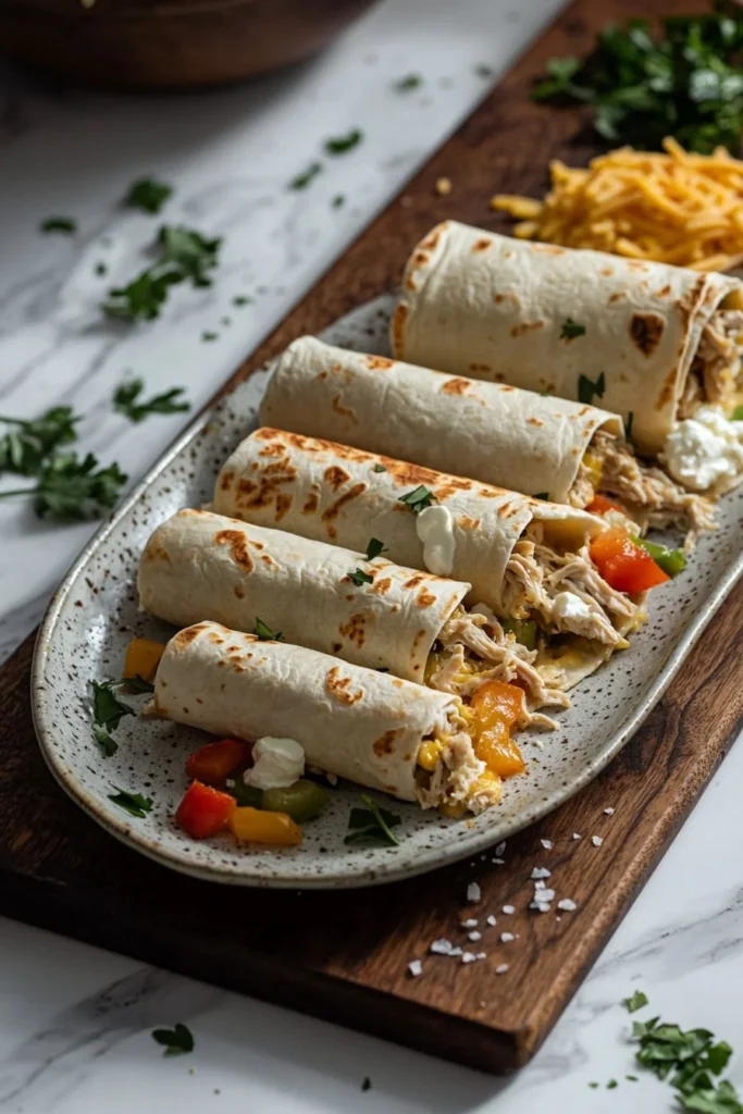 Delicious breakfast chicken roll-ups served on a plate with fresh vegetables.