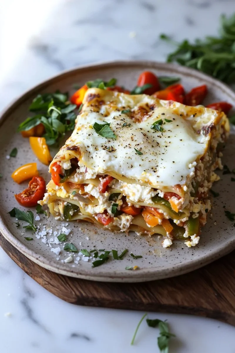 Delicious Breakfast Egg Lasagna with layers of egg and vegetables