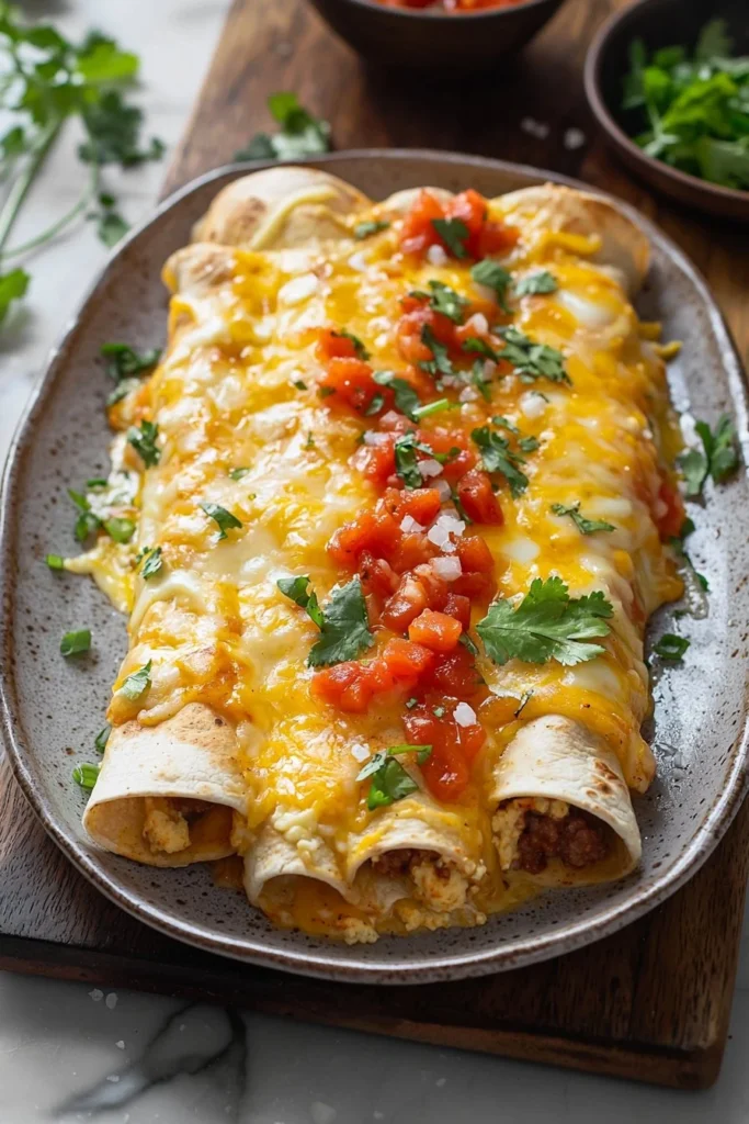 Delicious breakfast enchiladas topped with cheese and fresh herbs