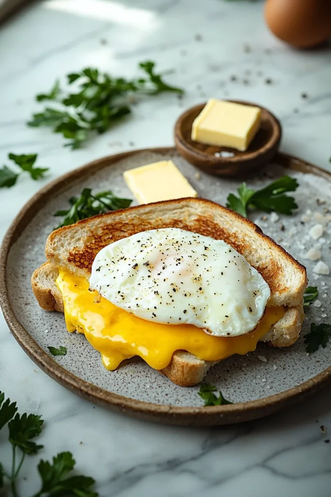 Breakfast grilled cheese sandwich with egg and melted cheese on a plate.