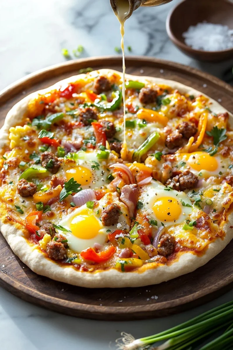 Delicious homemade Breakfast Pizza topped with eggs, cheese, and fresh ingredients.