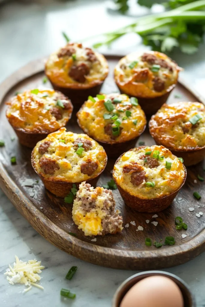 Delicious homemade breakfast sausage muffins served on a wooden platter