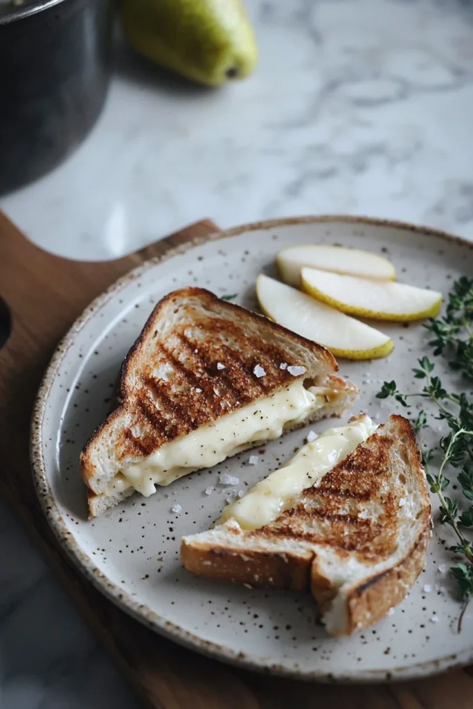Brie and pear grilled cheese sandwich served on a wooden board