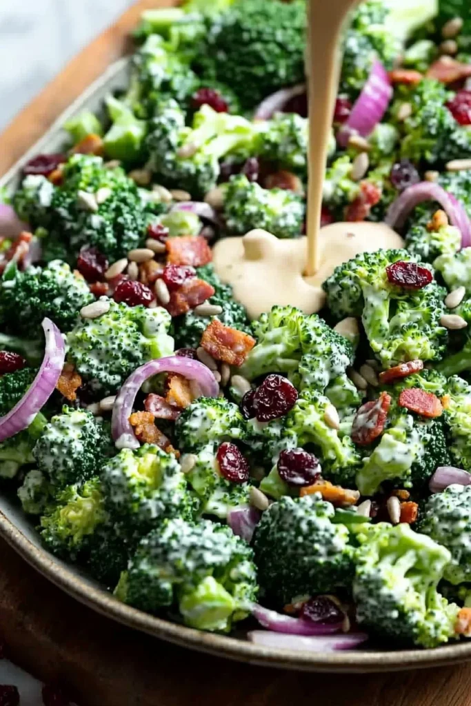Colorful broccoli salad with vegetables in a bowl