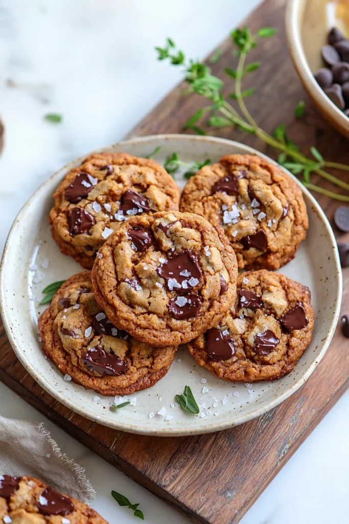 Delicious brown butter pumpkin chocolate chip cookies on a plate