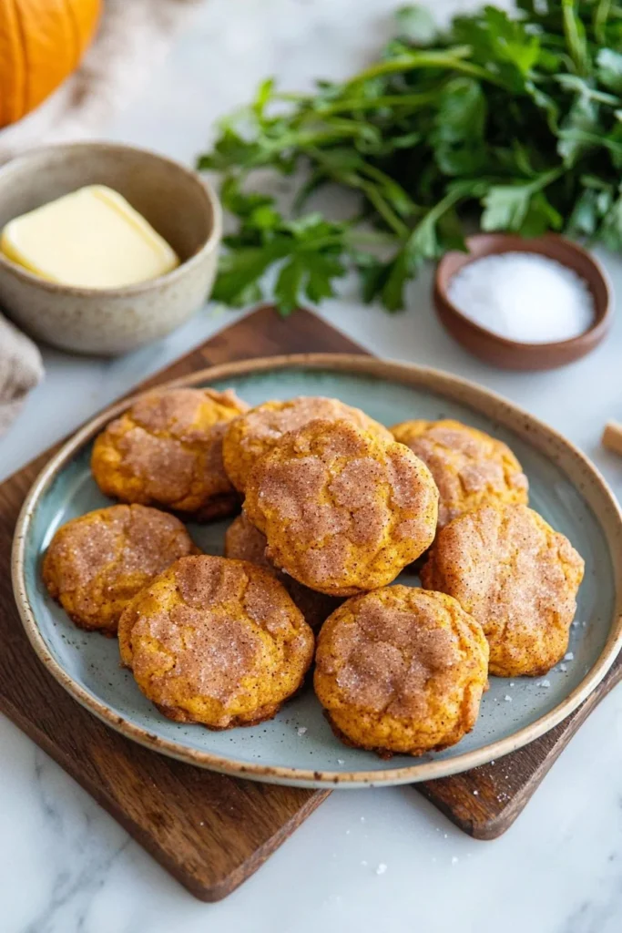 Delicious brown butter pumpkin snickerdoodle cookies on a rustic plate
