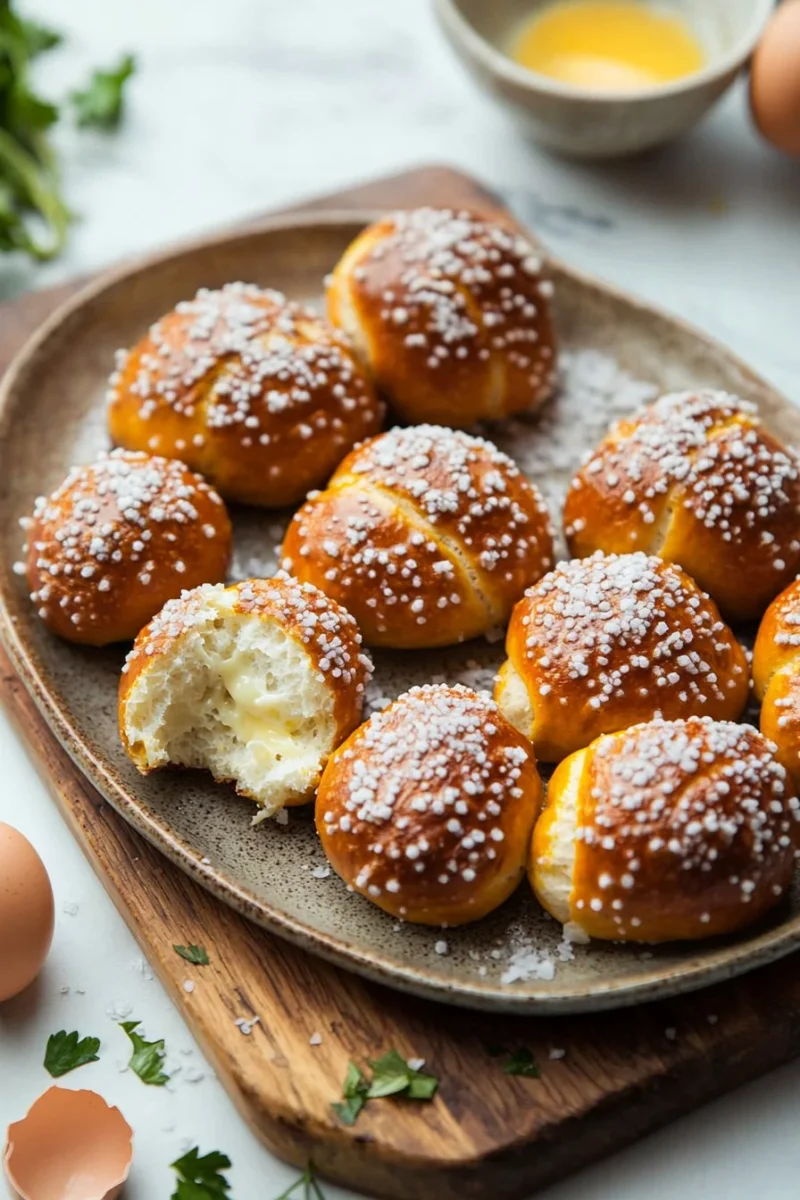 Buttery soft pretzel bites served warm with a side of dipping sauce