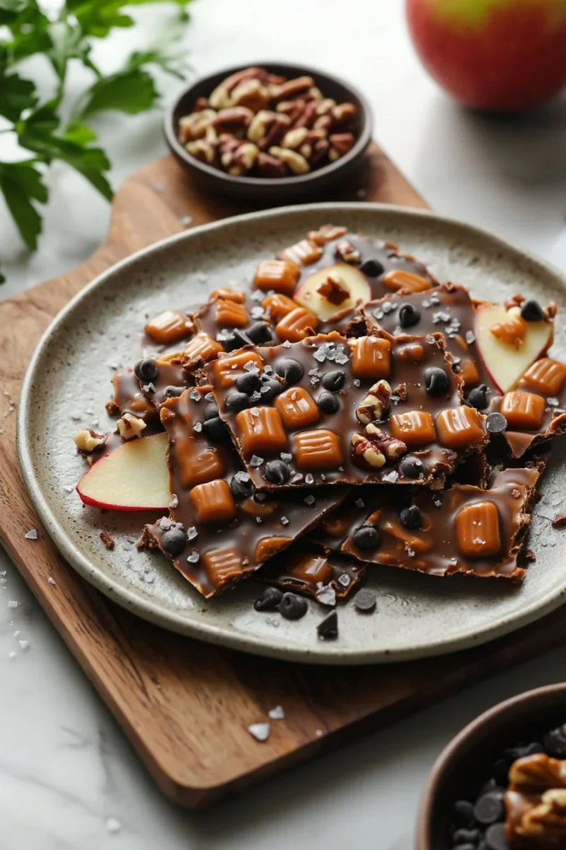 Delicious homemade Caramel Apple Bark with caramel and apple pieces.