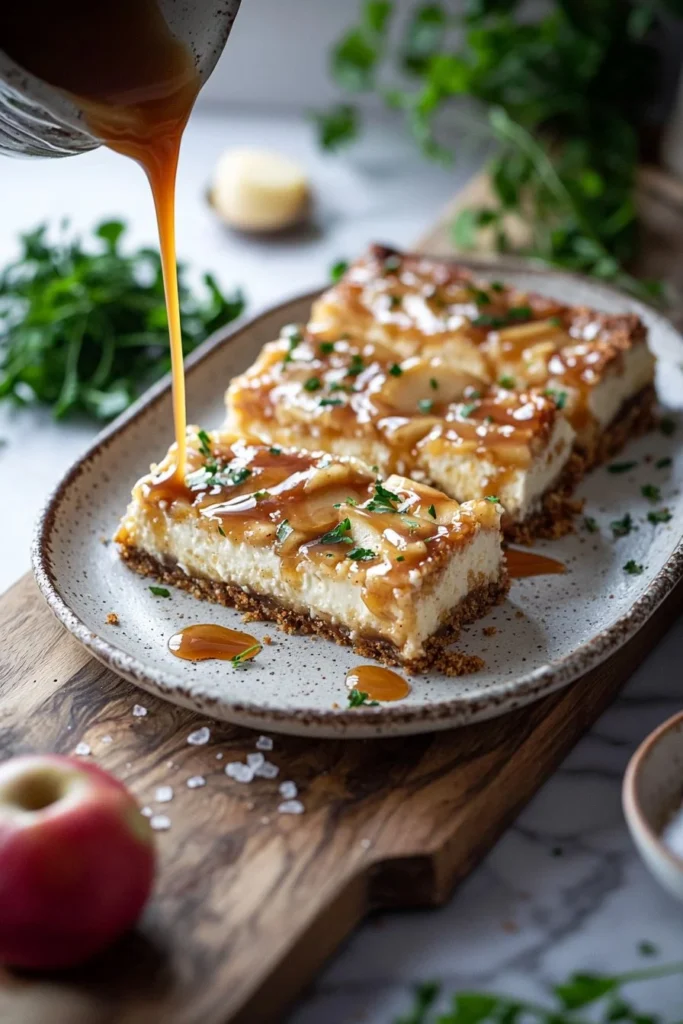 Delicious caramel apple cheesecake bars with a creamy topping and caramel drizzle