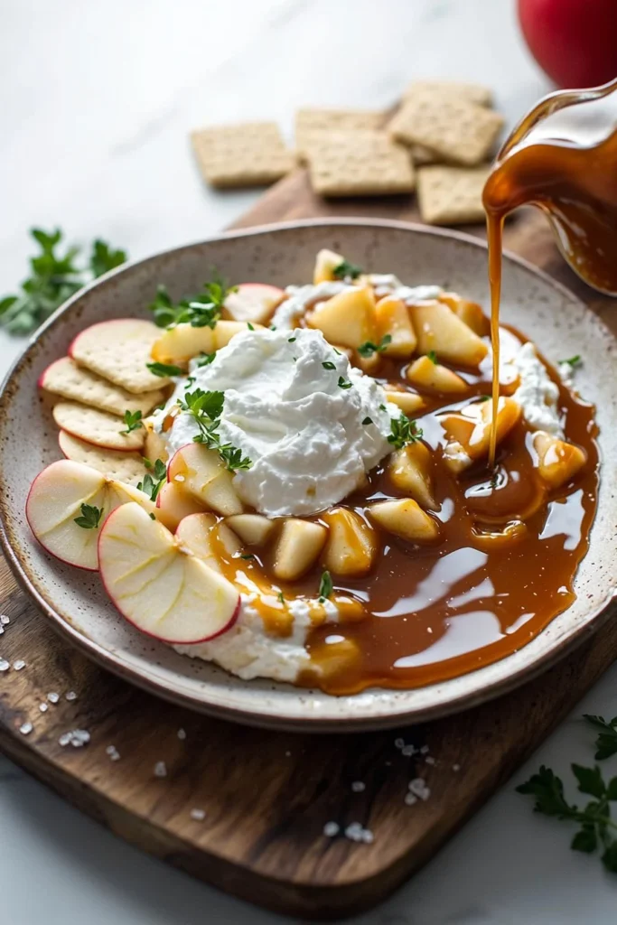 Delicious Caramel Apple Cheesecake Dip served with apple slices and caramel drizzle.