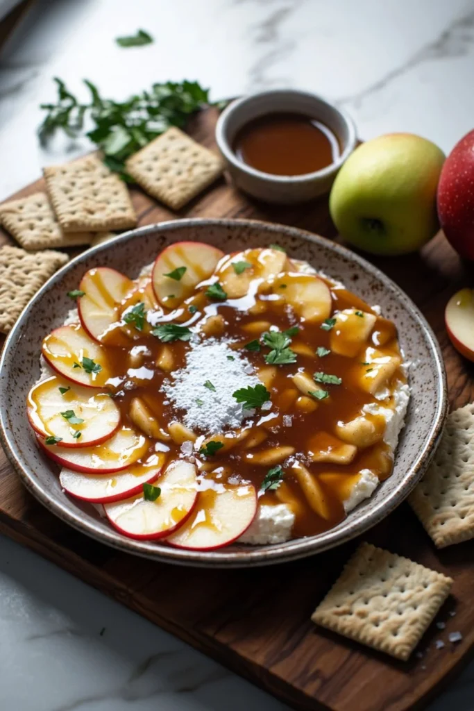 Caramel apple cheesecake dip served with fresh apple slices