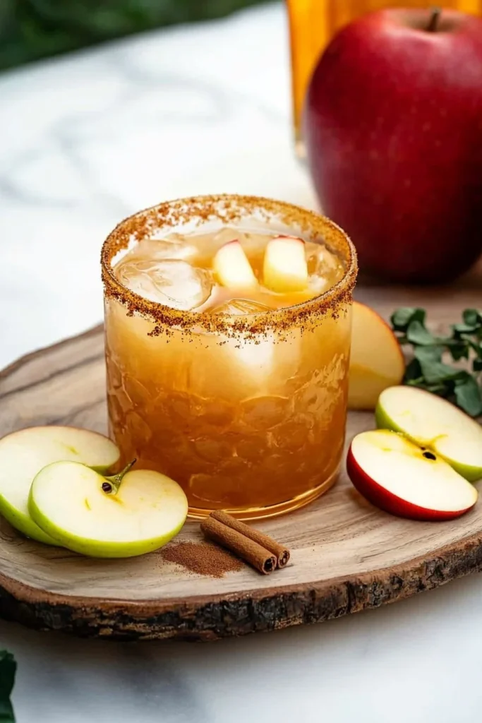 Delicious Caramel Apple Cocktail served in a glass with caramel drizzle.