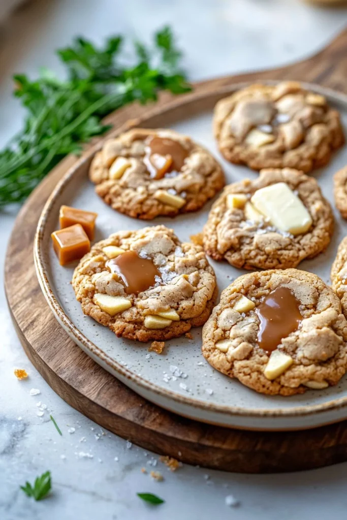 Delicious caramel apple cookies with chunks of apple and drizzled caramel