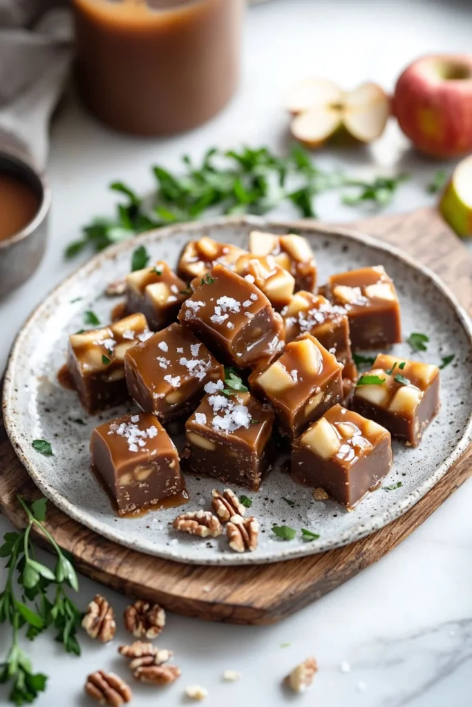 Delicious caramel apple fudge with apple slices and caramel drizzle