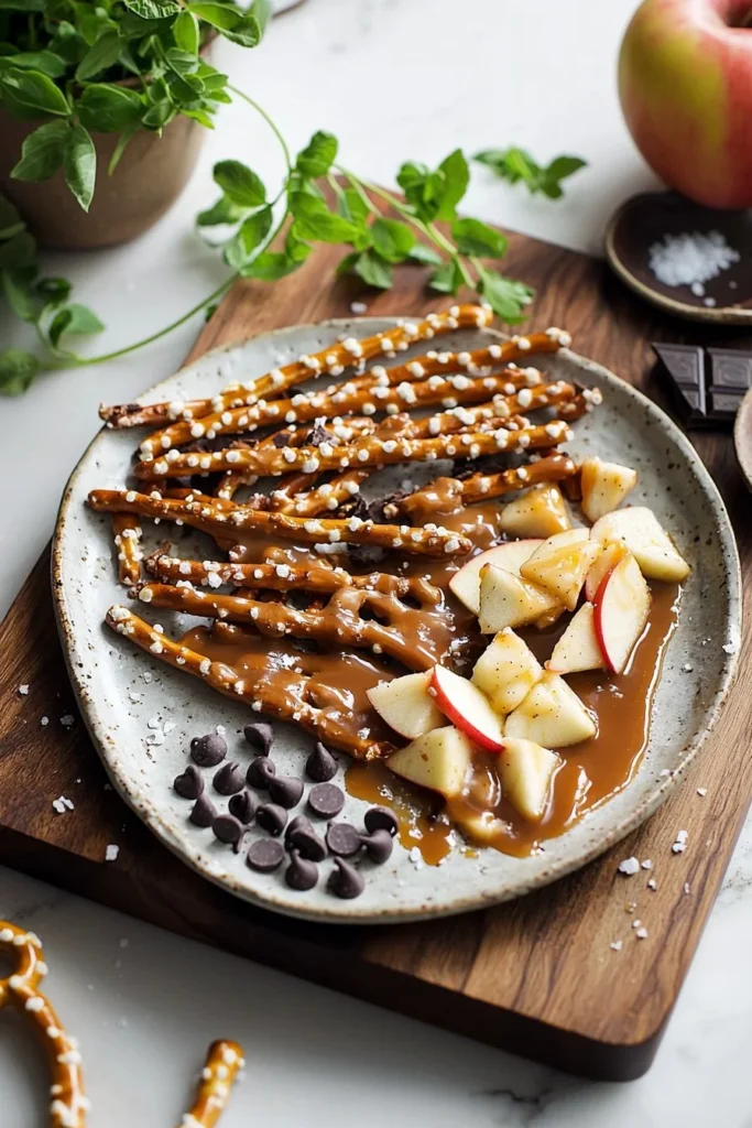 Delicious caramel apple pretzel bark topped with apples and caramel drizzle