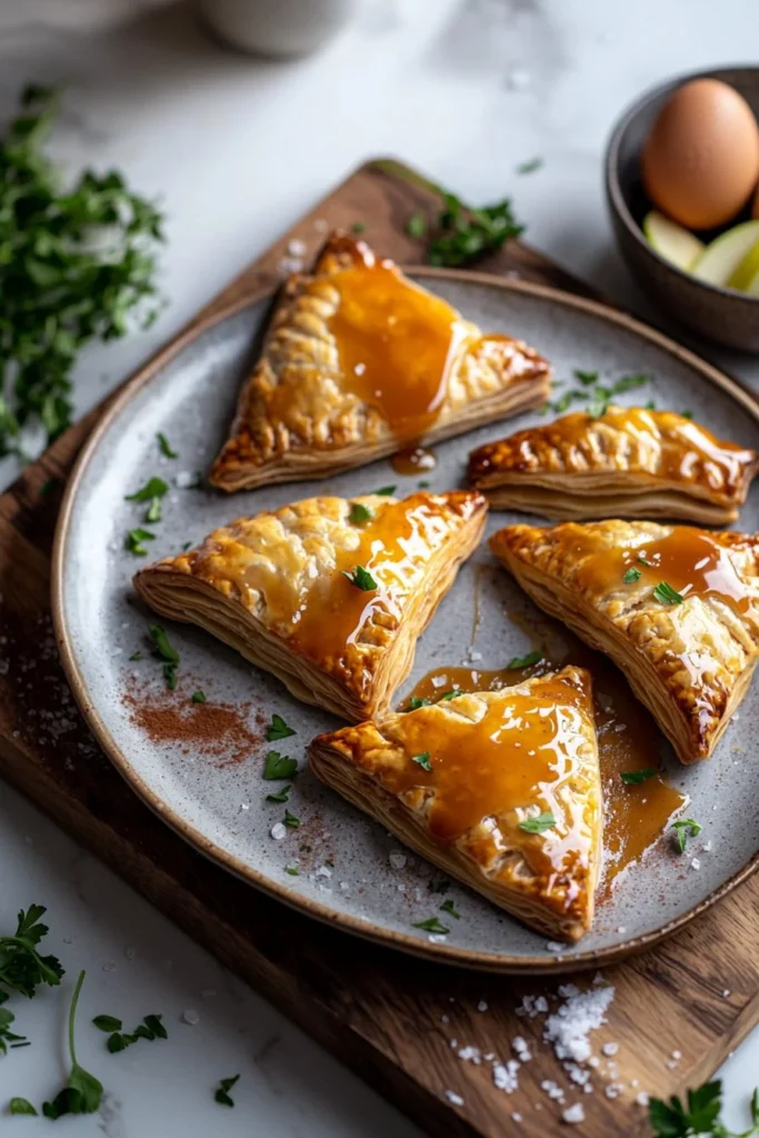 Freshly baked caramel apple turnovers with golden flaky crust and apple filling