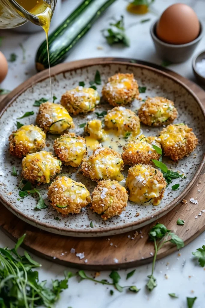 Cheesy baked zucchini tots on a plate, golden and crispy